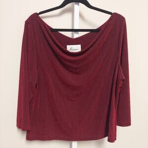 Vintage Michaelangelo Blouse 1X Sparkle Red Draped Neck Cowl Holiday Party